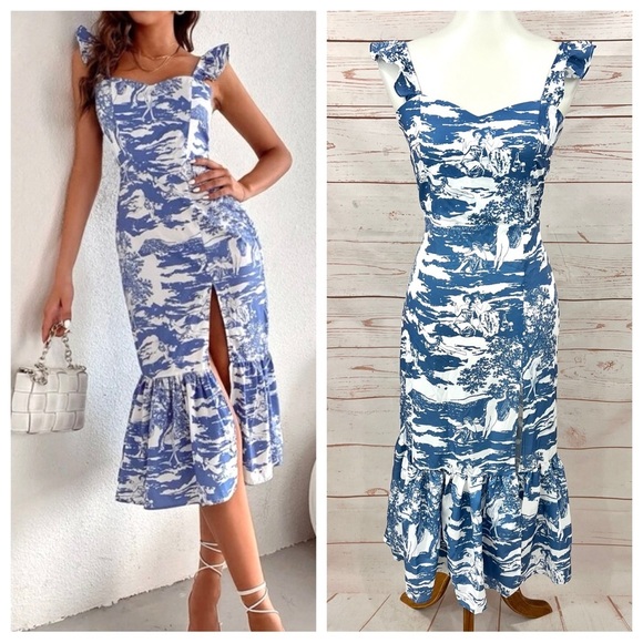 Shein Split Thigh Ruffle Strap Toscana Renaissance Print Dress - Picture 14 of 14